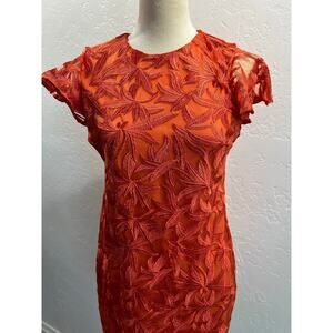 Sam Edelman Orange Lace Dress Size 0 Holiday Party Embroidered Sheer Hem